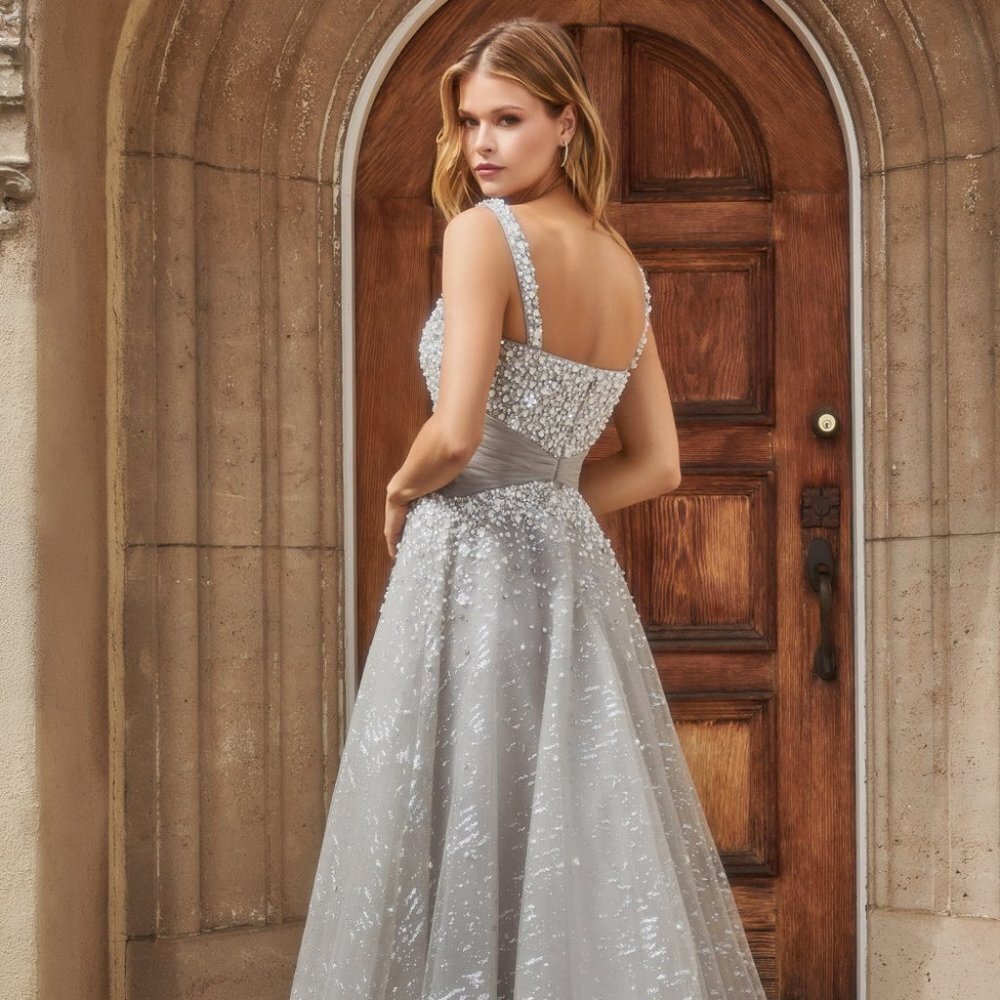 NEW LONG A-LINE OFF THE SHOULDER SLEEVELESS DRESS WITH CRYSTAL BUCKLE AL A1181 - Picture 7 of 9